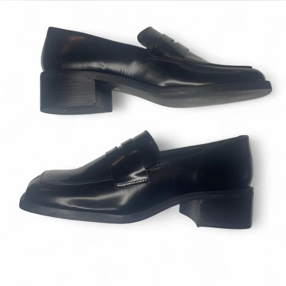 Maeve Anthropologie Square Toe Leather Penny Loafer Heels Black - Sz. 5-5.5 - Picture 6 of 8